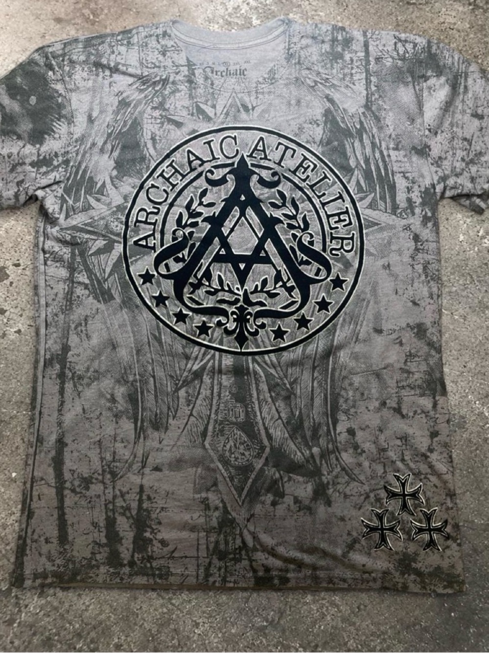 Y2K Archaic Affliction Grunge Cross AOP Grey Black Embellished T-Shirt Men’s XL